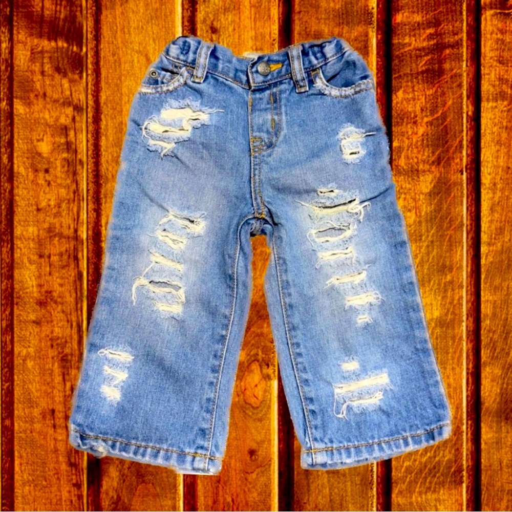 1989 PLACE Boys 12-18 month distressed blue jeans - Picture 1 of 3